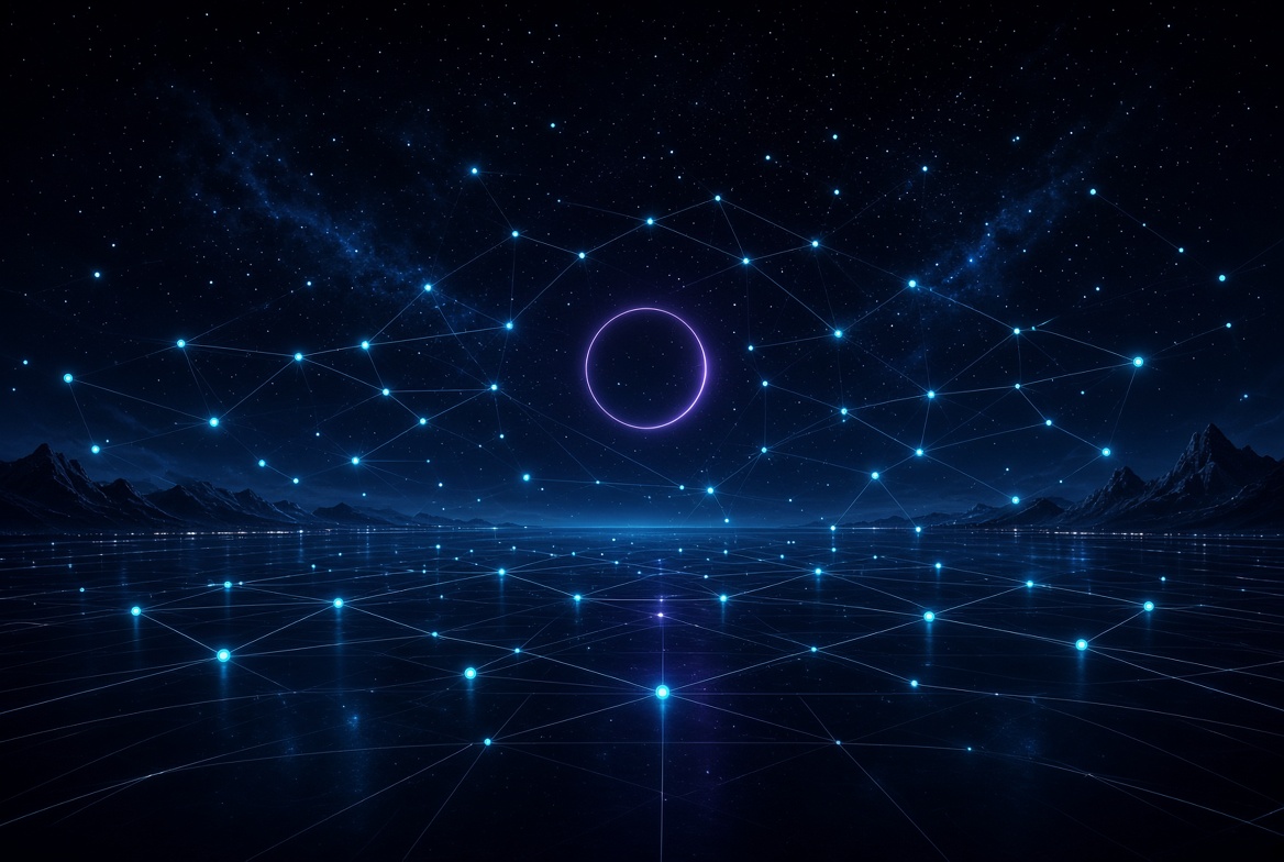 Midnight horizon: a cyan proof grid under a violet ring